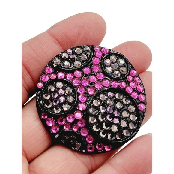 Unusual Signed Kramer Pink and Black Rhinestone Brooch (A2636) - Picture 2 of 4